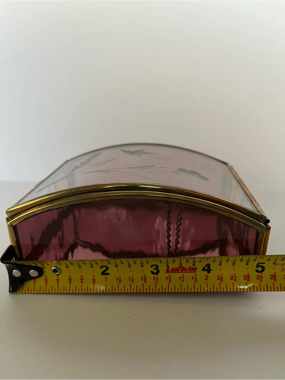 Vintage Brass Trinket Jewelry Box Etched Floral Purple Glass Curved Lid Romantic